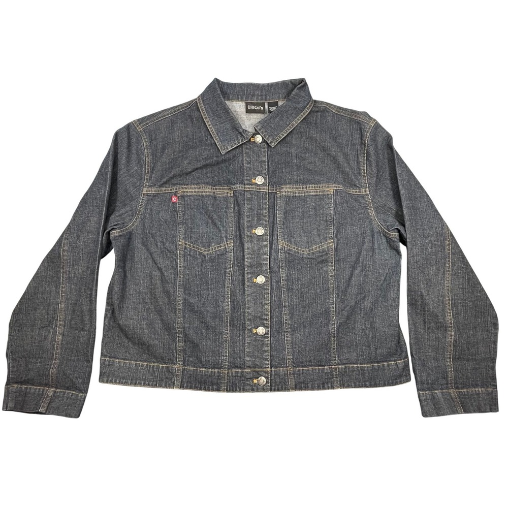 Chico's Dark Wash Stretch Denim Trucker Jacket Women Size 3